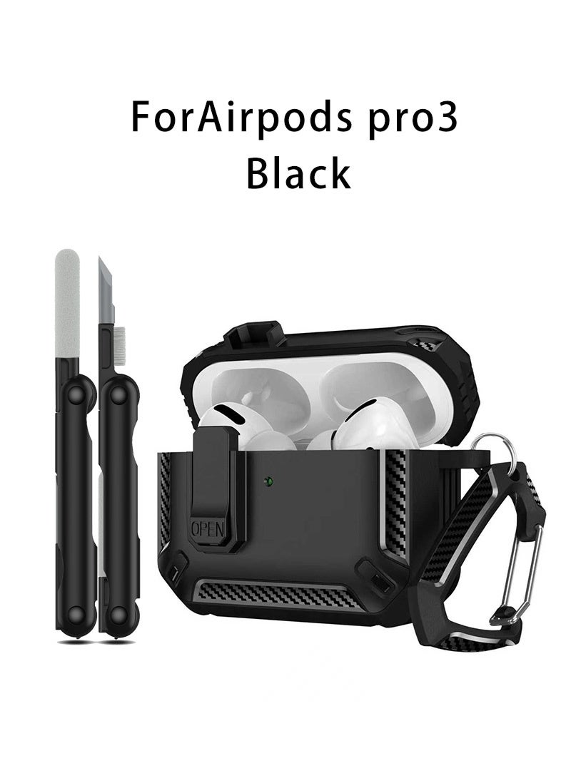 حافظة Airpods Pro 3 2025، حافظة قفل Airpods Pro 3 مع أداة تنظيف 3 في واحد، حافظة مضادة للسقوط من الفئة العسكرية مع سلسلة مفاتيح، متوافقة مع Apple Airpods Pro 3 2025 (أسود) - Image 1