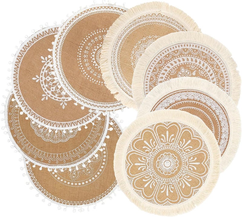 capasin Round Placemats Set of 8 Dining Winter Modern Dinner Braided Beige Boho Round Table and Fall Circle Placemats Boho Tssels Runner Kitchen Table Plate Mats Set of 8 White 8 - Image 1