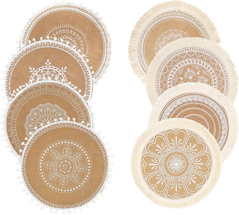 capasin Round Placemats Set of 8 Dining Winter Modern Dinner Braided Beige Boho Round Table and Fall Circle Placemats Boho Tssels Runner Kitchen Table Plate Mats Set of 8 White 8 - Image 3