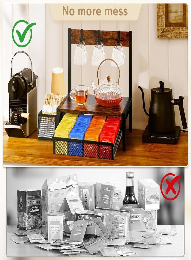 OGFC 22995 Tea Bag Organizer, Wood Tea Organizer and Storage Cheast, Tea Bag Holder with Storage Drawer, 4 Hooks for Tea Cups Holder, Tea Station Chest Display Container Box for Countertop Kitchen - Image 5