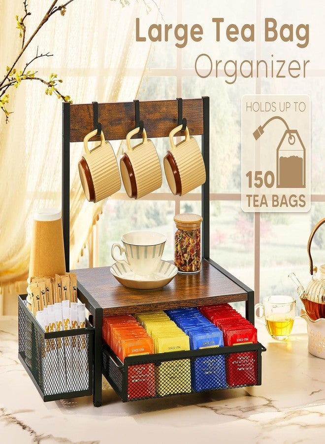 OGFC 22995 Tea Bag Organizer, Wood Tea Organizer and Storage Cheast, Tea Bag Holder with Storage Drawer, 4 Hooks for Tea Cups Holder, Tea Station Chest Display Container Box for Countertop Kitchen - Image 2