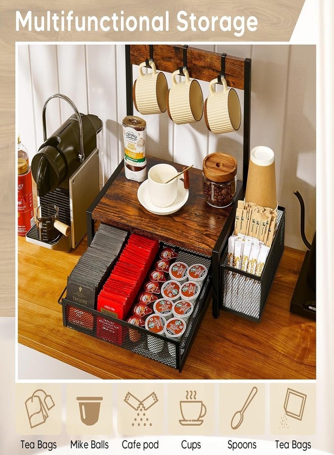 OGFC 22995 Tea Bag Organizer, Wood Tea Organizer and Storage Cheast, Tea Bag Holder with Storage Drawer, 4 Hooks for Tea Cups Holder, Tea Station Chest Display Container Box for Countertop Kitchen - Image 4