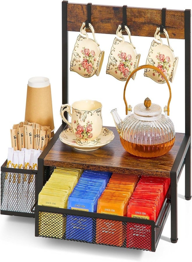 OGFC 22995 Tea Bag Organizer, Wood Tea Organizer and Storage Cheast, Tea Bag Holder with Storage Drawer, 4 Hooks for Tea Cups Holder, Tea Station Chest Display Container Box for Countertop Kitchen - Image 1