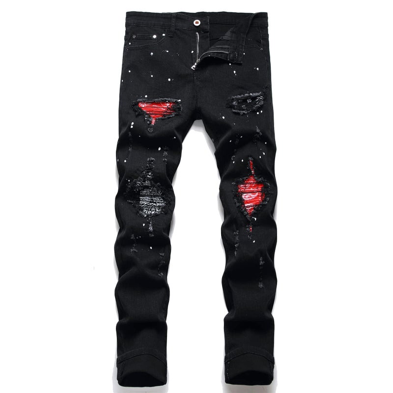 OIIIO Men's Patch Ripped Stretch Regular Fit Jean (34, Black-6616) - Image 1