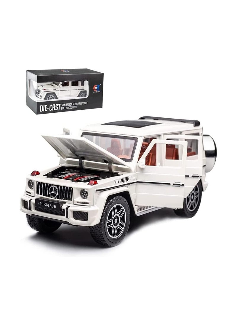 داي كاست سيارة لعبة مرسيدس بنز V12 G63 AMG بمقياس 1:24 من سبائك الزنك مع صوت وضوء للأطفال الأولاد والبنات هدية سيارة بيضاء  - Image 1