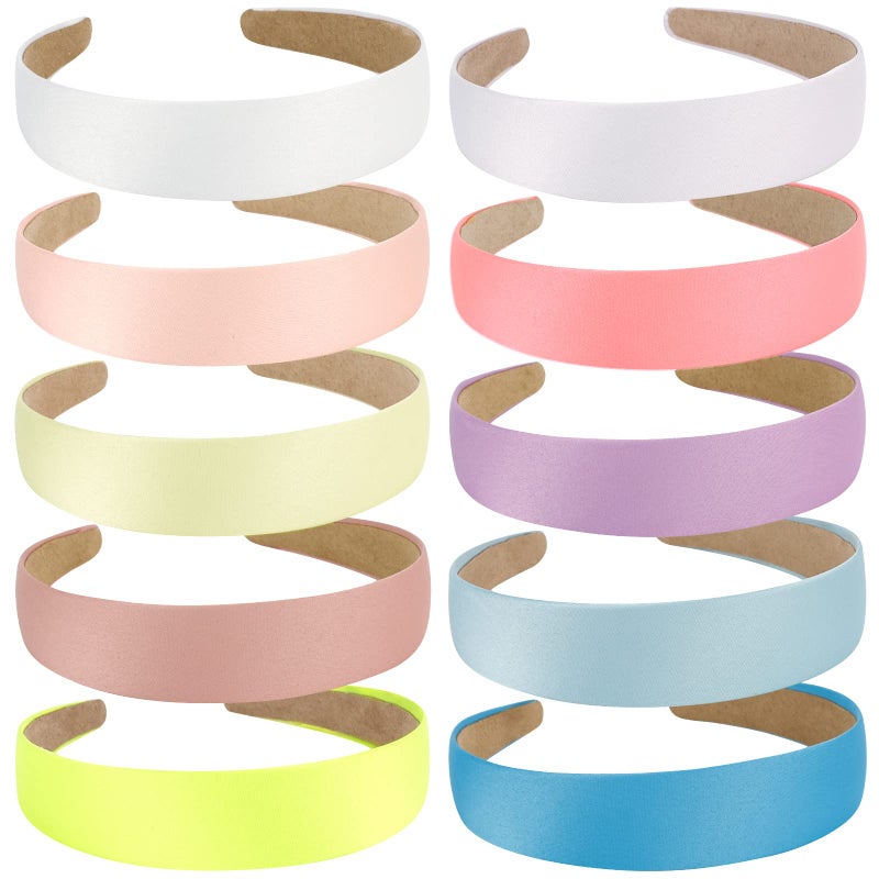 Wecoe Headbands 10 Pack Satin Headbands Women 13 Inch Wide Non Slip Fashion Headbands Hair Bands for Girls DIY Short Hair Accessories Plain Headbands in White Pink Purple Blue Colorful