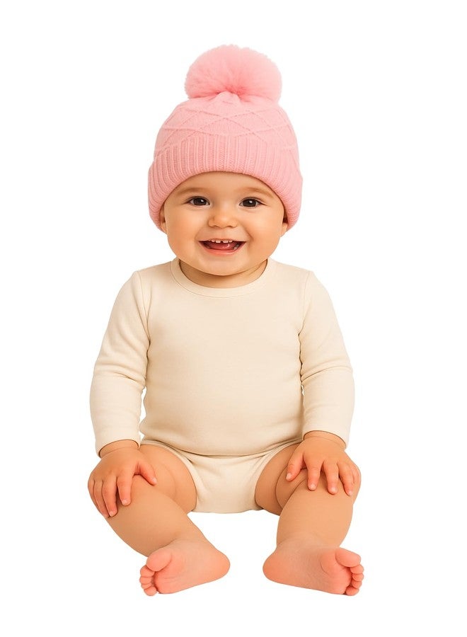RR DESIGN Baby Winter Beanie Hat with Pom Pom, Knit Diamond Pattern, Pink, Head Circumference 26cm(Age 6months - 36 Months) - Image 1