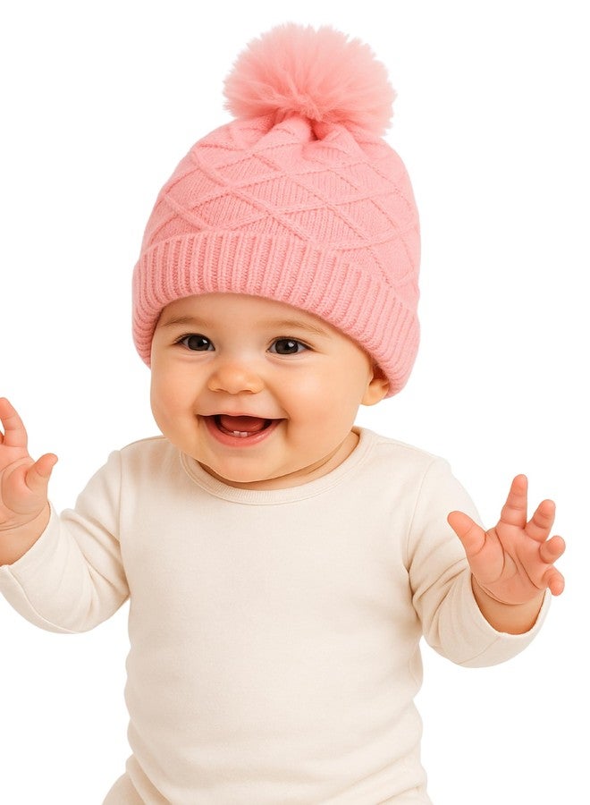 RR DESIGN Baby Winter Beanie Hat with Pom Pom, Knit Diamond Pattern, Pink, Head Circumference 26cm(Age 6months - 36 Months) - Image 5