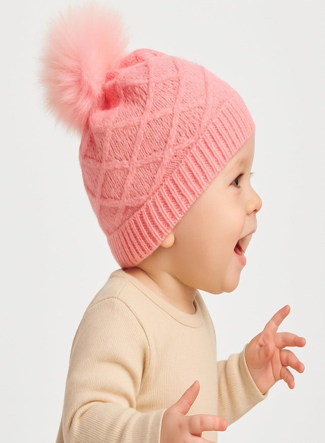 RR DESIGN Baby Winter Beanie Hat with Pom Pom, Knit Diamond Pattern, Pink, Head Circumference 26cm(Age 6months - 36 Months) - Image 4