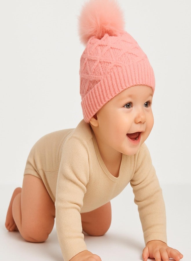 RR DESIGN Baby Winter Beanie Hat with Pom Pom, Knit Diamond Pattern, Pink, Head Circumference 26cm(Age 6months - 36 Months) - Image 2