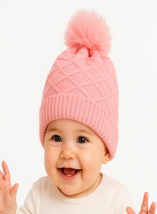 RR DESIGN Baby Winter Beanie Hat with Pom Pom, Knit Diamond Pattern, Pink, Head Circumference 26cm(Age 6months - 36 Months) - Image 3