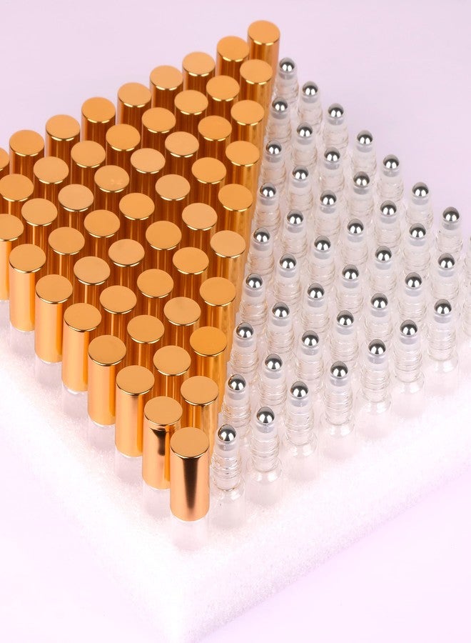 MaxMau Pack of 100,5ml Clear Glass Roll on Bottle Essential Oil Roller Bottles with Stainless Steel Roller Balls and Golden Painted Lids for Daily Aromatherapy Sample Test Travel - Image 1