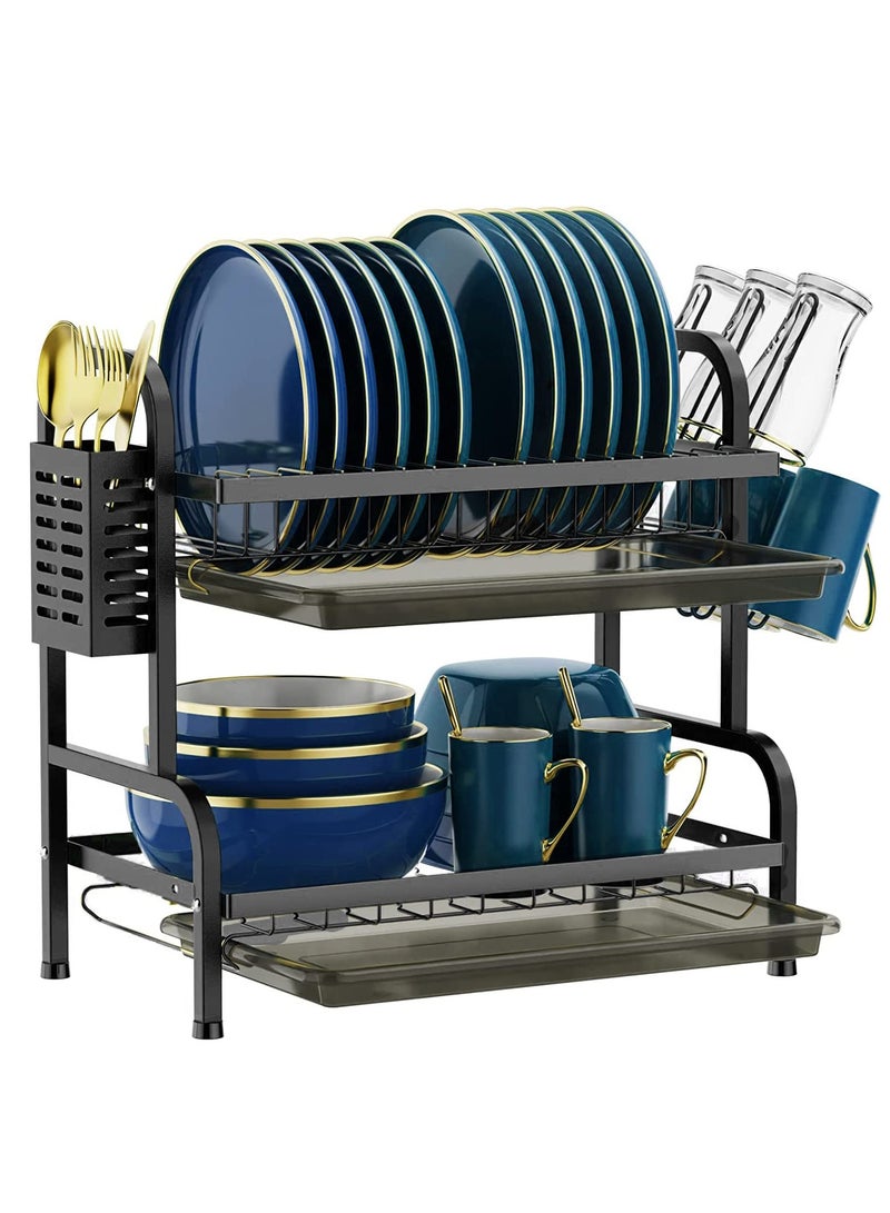 انفوسن رف تجفيف الاطباق من انفوسن، طقم حامل اكواب واطباق من طبقتين، مصفاة اطباق كبيرة مقاومة للصدأ مع حامل سكين وصينية تقطير للمطبخ واطباق الطاولة (اسود)، سبيكة صلب - Image 1