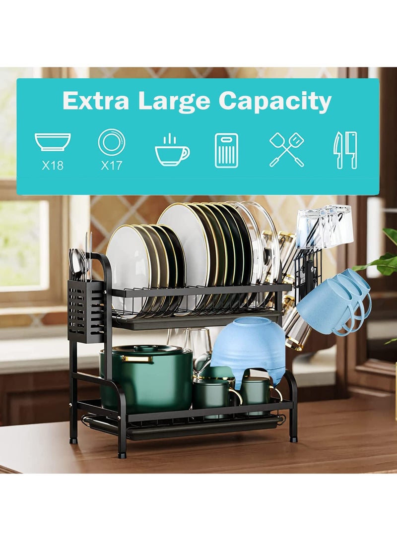 انفوسن رف تجفيف الاطباق من انفوسن، طقم حامل اكواب واطباق من طبقتين، مصفاة اطباق كبيرة مقاومة للصدأ مع حامل سكين وصينية تقطير للمطبخ واطباق الطاولة (اسود)، سبيكة صلب - Image 2