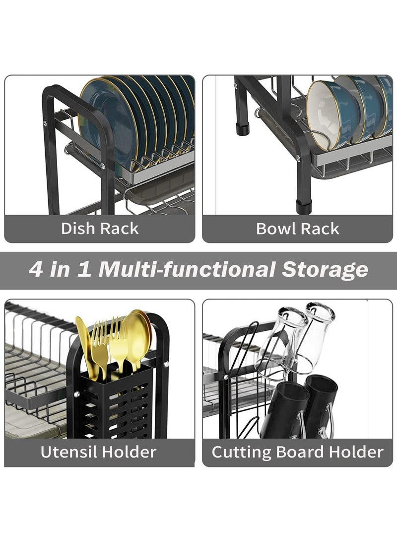 انفوسن رف تجفيف الاطباق من انفوسن، طقم حامل اكواب واطباق من طبقتين، مصفاة اطباق كبيرة مقاومة للصدأ مع حامل سكين وصينية تقطير للمطبخ واطباق الطاولة (اسود)، سبيكة صلب - Image 3