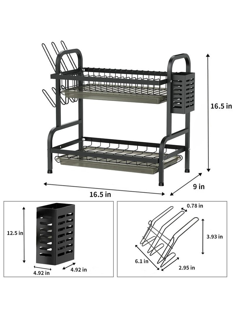 انفوسن رف تجفيف الاطباق من انفوسن، طقم حامل اكواب واطباق من طبقتين، مصفاة اطباق كبيرة مقاومة للصدأ مع حامل سكين وصينية تقطير للمطبخ واطباق الطاولة (اسود)، سبيكة صلب - Image 5