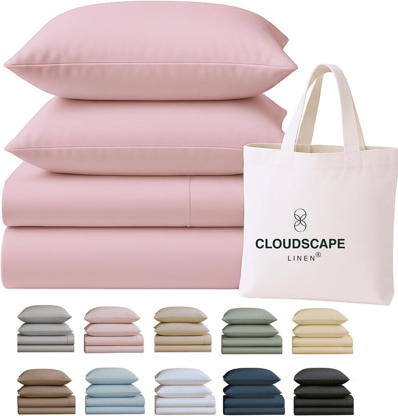 كلاود سكيب لينين شراشف CLOUDSCAPE من القطن المصري 100% مقاس كينج - عدد الخيوط 400، مجموعة شراشف سرير ذات جيب عميق إضافي 17 بوصة، تناسب سرير كاليفورنيا كينج، فاخرة، أغطية سرير متينة مبردة لجميع الفصول للصيف - وردي سيبيا - Image 1