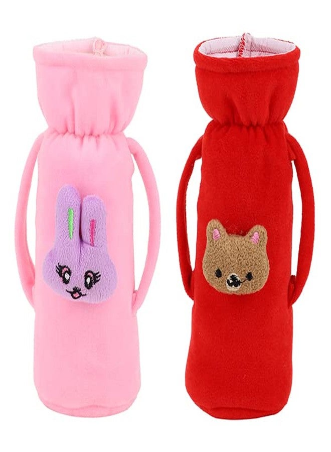 MW PRINTS Soft Plush Stretchable Baby Feeding Bottle Cover Easy to Hold Strap with Animated Cartoon Suitable for 125 ML-250 ML Feeding Bottle (Pink & Red) - Image 1