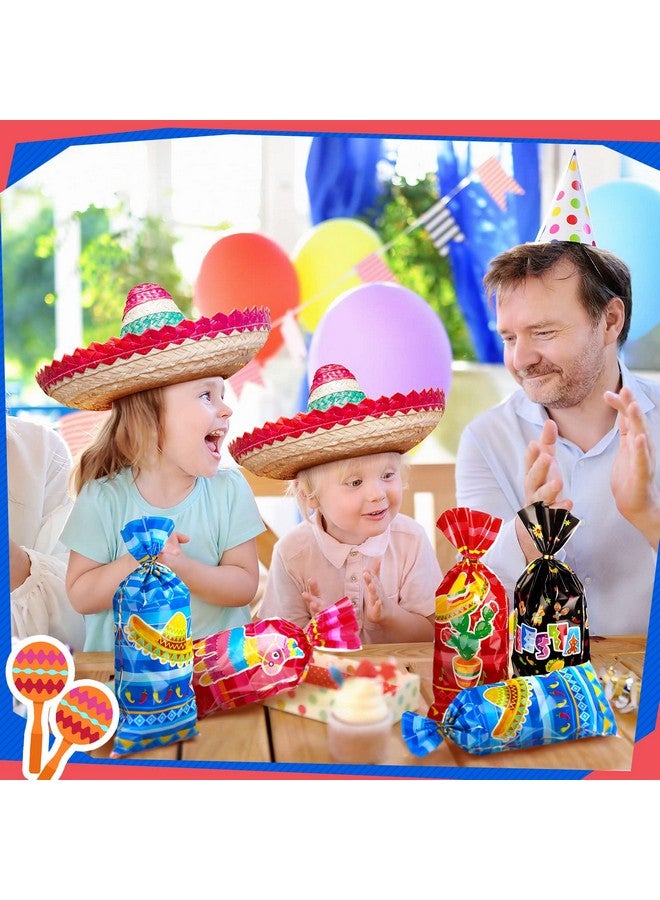 Eaasty 120 Pieces Mexican Party Treat Bags Mexican Theme Party Favor Cello Plastic Candy Goodie Bag With 150 Golden Twist Ties For Party Supplies (Mexican Fiesta Style) - Image 2