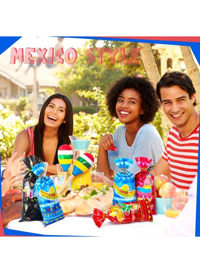 Eaasty 120 Pieces Mexican Party Treat Bags Mexican Theme Party Favor Cello Plastic Candy Goodie Bag With 150 Golden Twist Ties For Party Supplies (Mexican Fiesta Style) - Image 3
