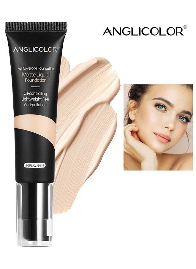 Anglicolor Matte Oil Control Concealer Foundation Flawless Soft Long Lasting Foundation Makeup - Waterproof Full Coverage Face Makeup Strong Concealer Foundation - Long-Lasting Face Makeup - Porcelain  - Image 1