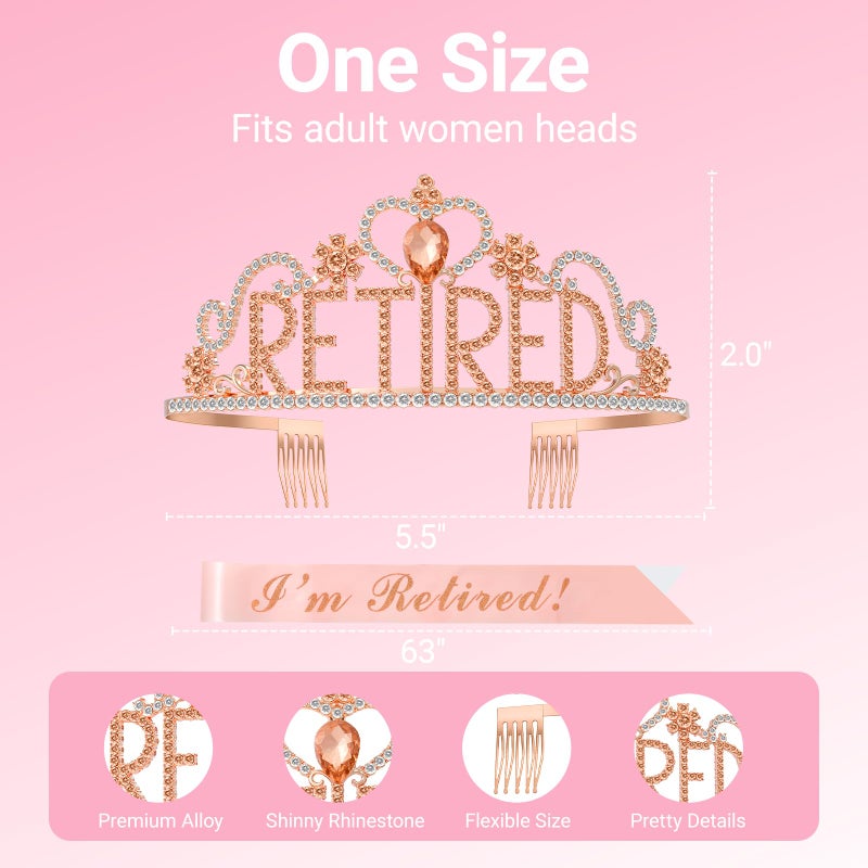 Papoopy Retirement Party Decorations with Tiara and Sash for Women, Happy Retired Crown and Sash for Gift, Rose - Image 2
