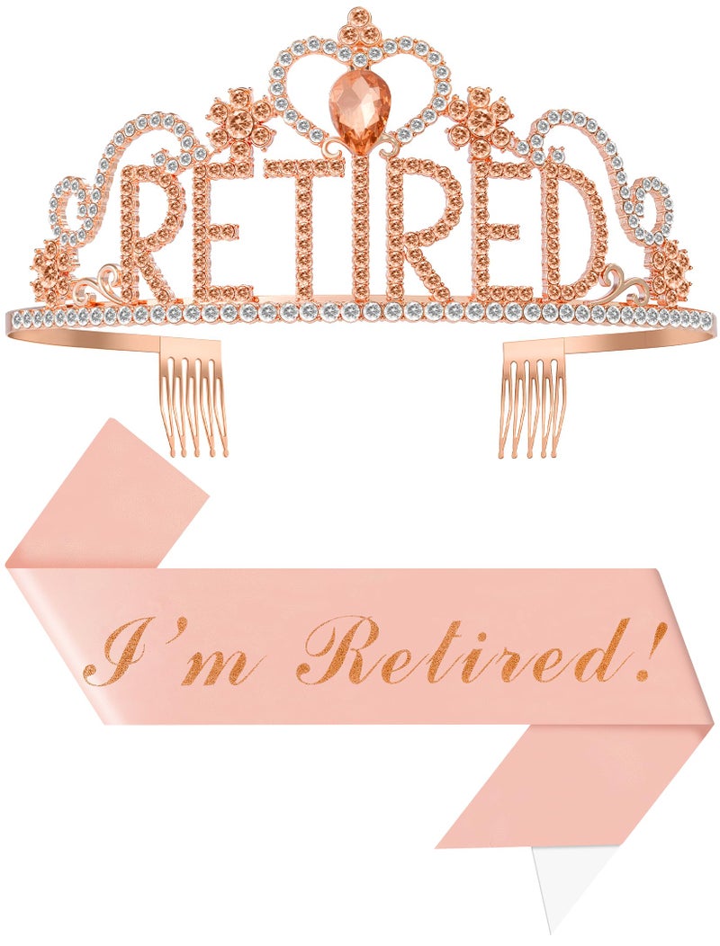 Papoopy Retirement Party Decorations with Tiara and Sash for Women, Happy Retired Crown and Sash for Gift, Rose - Image 1