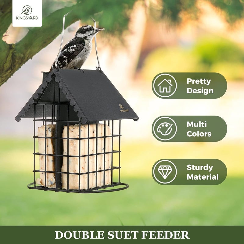 Kingsyard Cute Suet Feeder with Weatherproof Roof, All Metal, Two Suet Capacity, Outdoor Cage Bird Feeder for Wild Bird, w/ Hanger, Black - Image 2