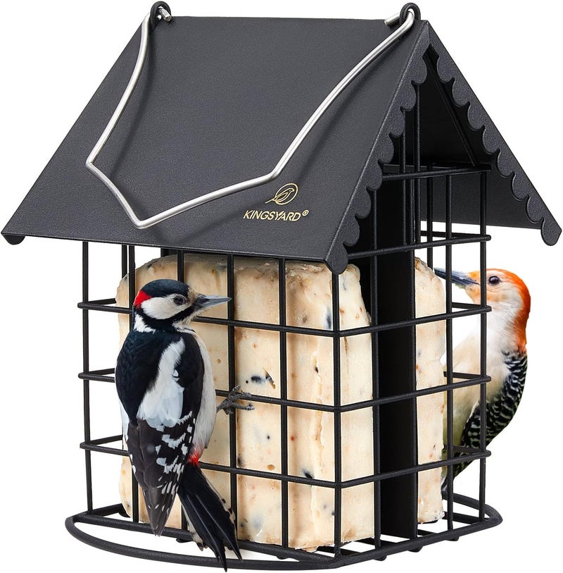 Kingsyard Cute Suet Feeder with Weatherproof Roof, All Metal, Two Suet Capacity, Outdoor Cage Bird Feeder for Wild Bird, w/ Hanger, Black - Image 1
