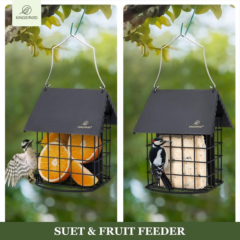 Kingsyard Cute Suet Feeder with Weatherproof Roof, All Metal, Two Suet Capacity, Outdoor Cage Bird Feeder for Wild Bird, w/ Hanger, Black - Image 4