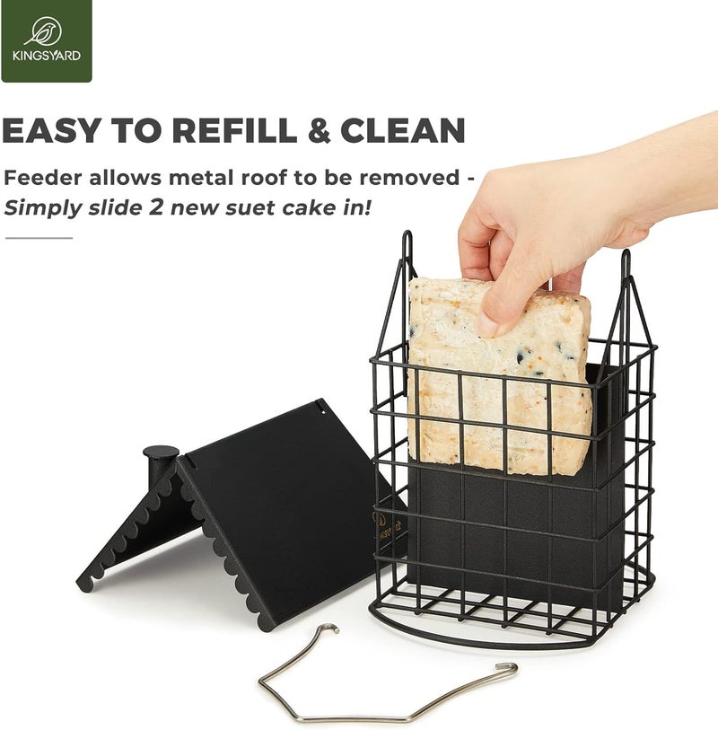 Kingsyard Cute Suet Feeder with Weatherproof Roof, All Metal, Two Suet Capacity, Outdoor Cage Bird Feeder for Wild Bird, w/ Hanger, Black - Image 3