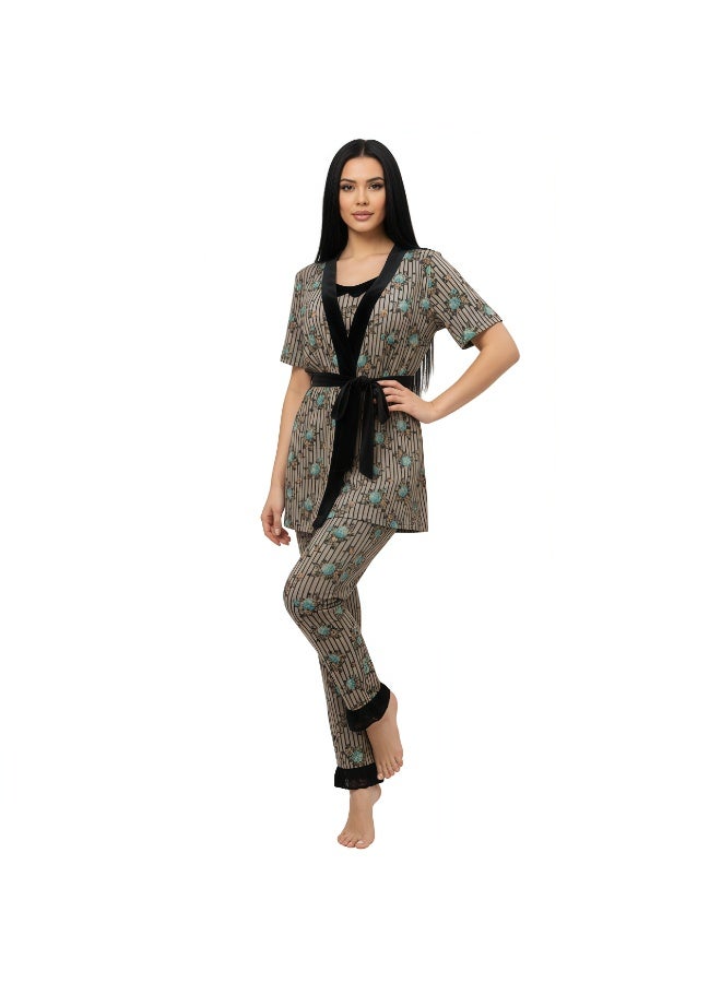 جوانا طقم نوم نسائي مكون من ثلاث قطع يضم روب بنصف كم وتوب حمالات وبنطال، مع حزام خصر قابل للإزالة - وردي أخضر - مقاس XL - Image 4