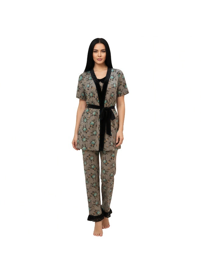 جوانا طقم نوم نسائي مكون من ثلاث قطع يضم روب بنصف كم وتوب حمالات وبنطال، مع حزام خصر قابل للإزالة - وردي أخضر - مقاس XL - Image 1