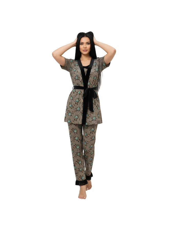 جوانا طقم نوم نسائي مكون من ثلاث قطع يضم روب بنصف كم وتوب حمالات وبنطال، مع حزام خصر قابل للإزالة - وردي أخضر - مقاس XL - Image 3