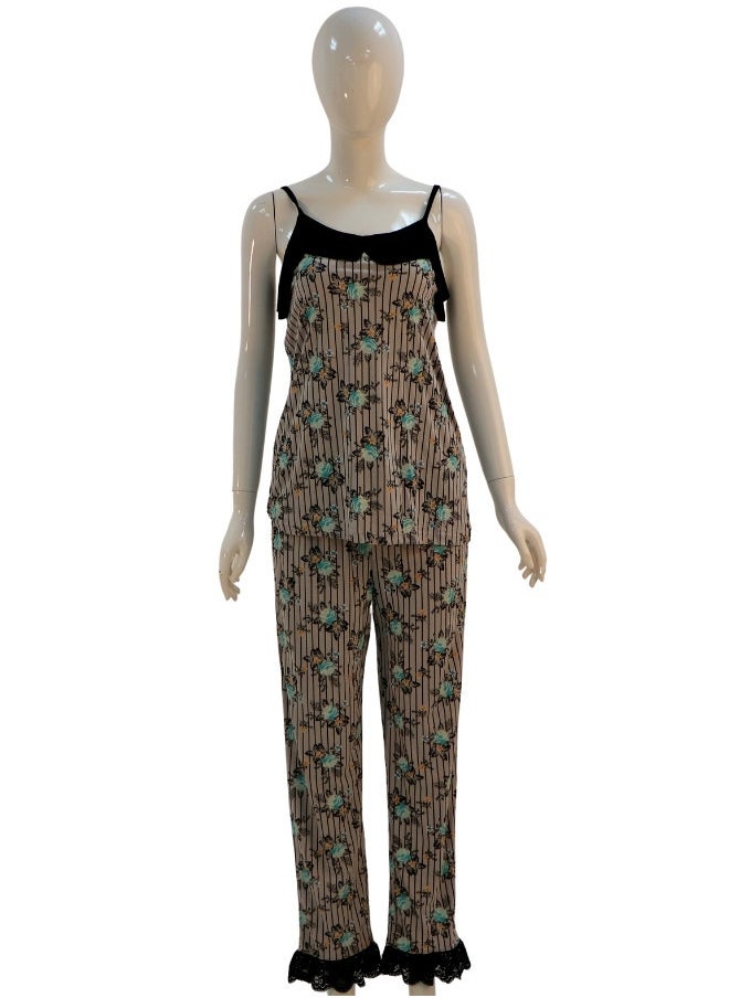 JOANNA JOANNA Women's Short Sleeve Robe Cami & Trouser 3 Pieces Set  Sleepwear with Removable Waist Belt, Green Rose  - Image 3