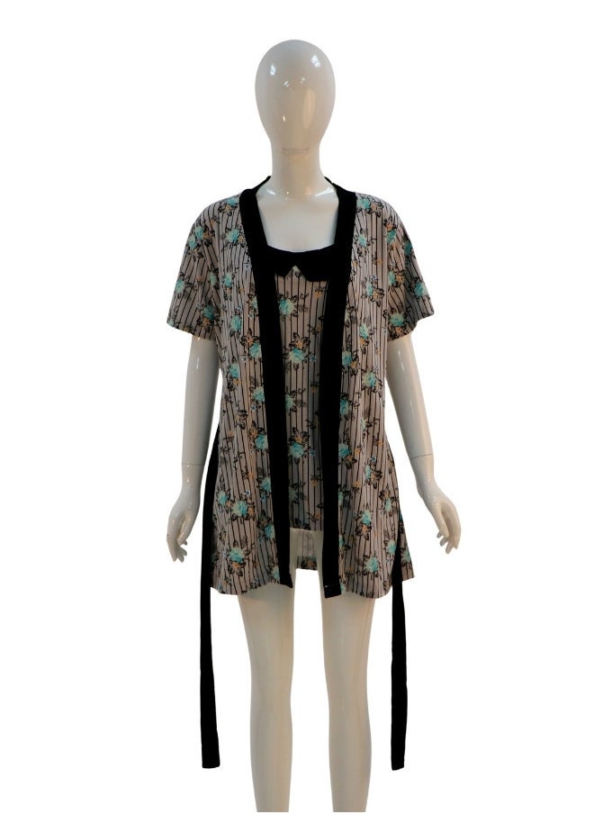 JOANNA JOANNA Women's Short Sleeve Robe Cami & Trouser 3 Pieces Set  Sleepwear with Removable Waist Belt, Green Rose  - Image 5