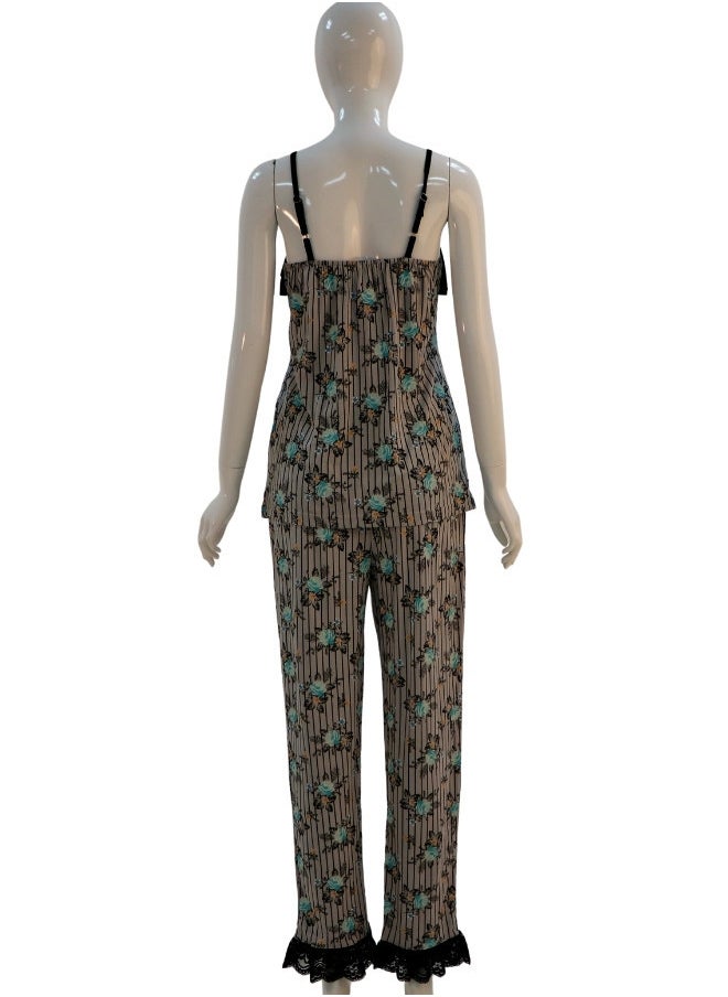 JOANNA JOANNA Women's Short Sleeve Robe Cami & Trouser 3 Pieces Set  Sleepwear with Removable Waist Belt, Green Rose  - Image 4