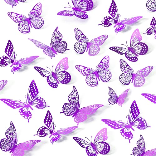 SAOROPEB 3D Butterfly Wall Decor - 48 Pcs, 4 Styles, 3 Sizes - Purple Butterfly Decorations for Birthday Parties, Removable Stickers - Image 1