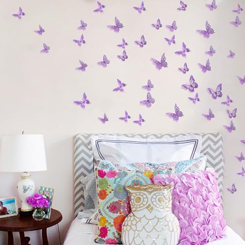 SAOROPEB 3D Butterfly Wall Decor - 48 Pcs, 4 Styles, 3 Sizes - Purple Butterfly Decorations for Birthday Parties, Removable Stickers - Image 4