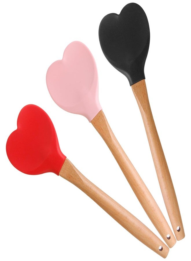 CATOSUM 3 Pack Cute Heart Spatula - Wooden Handle Heart-Shaped Scraper with Round Hanging Hole (Black/Red/Pink) for Baking, Cooking & Kitchen Decor - Image 1