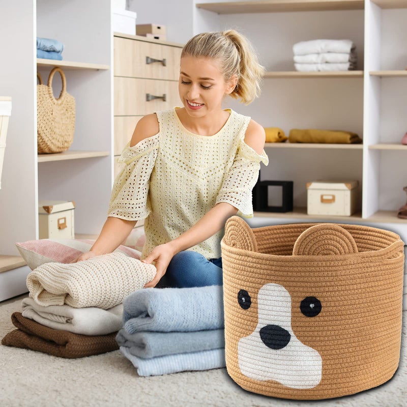 Ushang Pet Baby Gift Baskets with Handle, Dog Toy Hamper, Cotton Rope Dog Toy Storage Baskets for Pet, Animal Basket for Kids, Dog Gifts for Dog Lovers, Khaki - Image 3