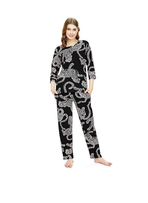 Night Suit for Women's Leopard Printed Cotton Night Dress of Top and Pajama