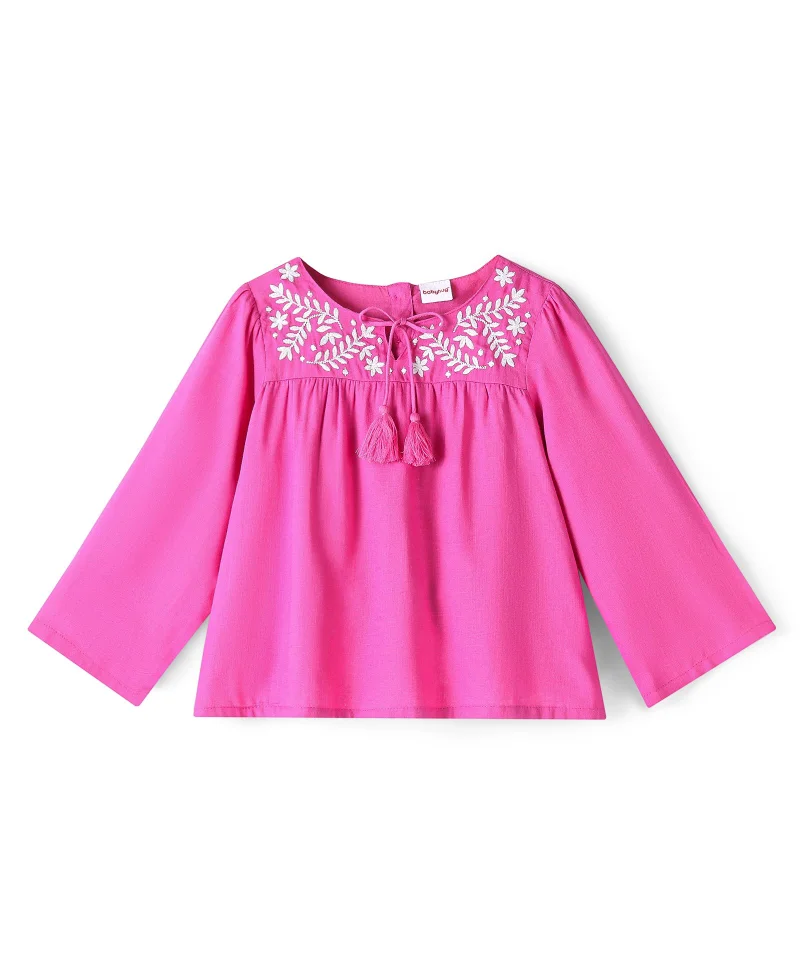 babyhug Babyhug 100% Rayon Full Sleeves Top With Embroidery & Tassel Detailing - Fuchsia