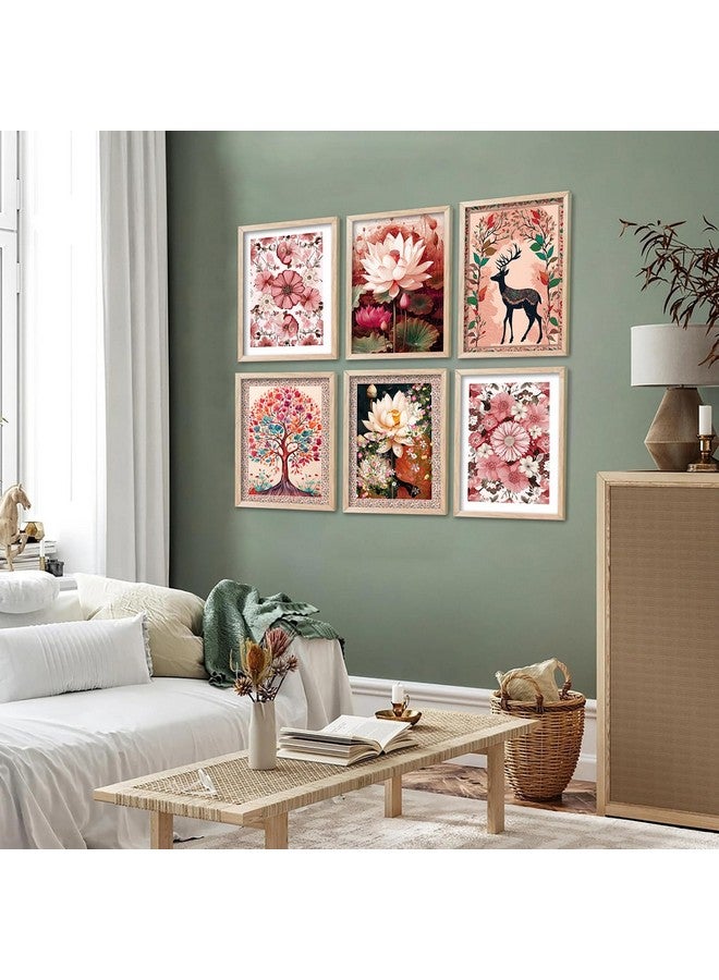 AVENZA Traditional Indian Madhubani Framed Painting For Living Room Bedroom Office/Painting For Wall Decoration Set of 6 (10 * 13 inch, Pink Flower) - Image 3