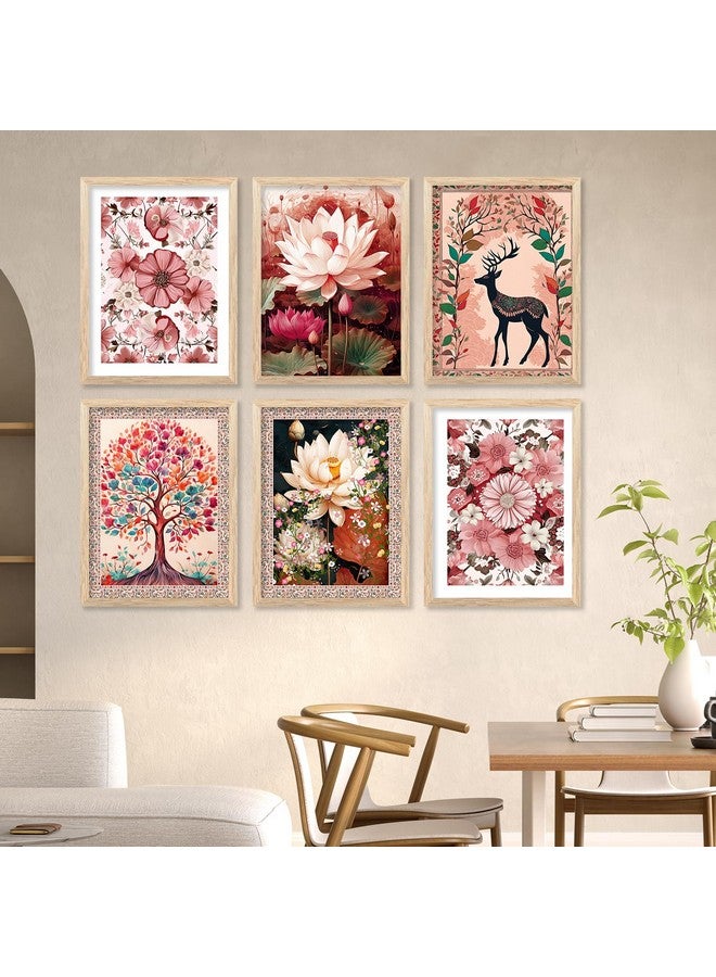 AVENZA Traditional Indian Madhubani Framed Painting For Living Room Bedroom Office/Painting For Wall Decoration Set of 6 (10 * 13 inch, Pink Flower) - Image 1