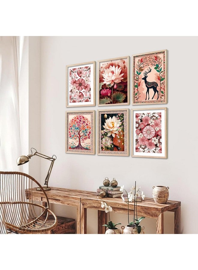 AVENZA Traditional Indian Madhubani Framed Painting For Living Room Bedroom Office/Painting For Wall Decoration Set of 6 (10 * 13 inch, Pink Flower) - Image 2