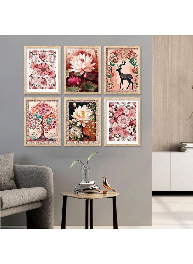 AVENZA Traditional Indian Madhubani Framed Painting For Living Room Bedroom Office/Painting For Wall Decoration Set of 6 (10 * 13 inch, Pink Flower) - Image 5