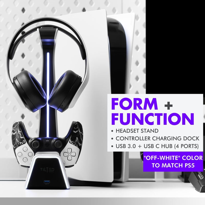 Tilted Nation RGB Headset and Controller Stand with Charging Station - for PlayStation or PC - PS4 / PS5 Controller Holder with Charger - Headphone and Game Controller Holder for Desk - White - Image 2