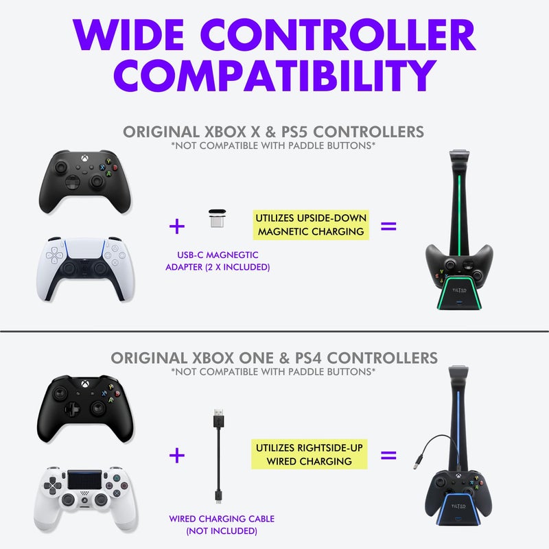 Tilted Nation RGB Headset and Controller Stand with Charging Station - for PlayStation or PC - PS4 / PS5 Controller Holder with Charger - Headphone and Game Controller Holder for Desk - White - Image 5