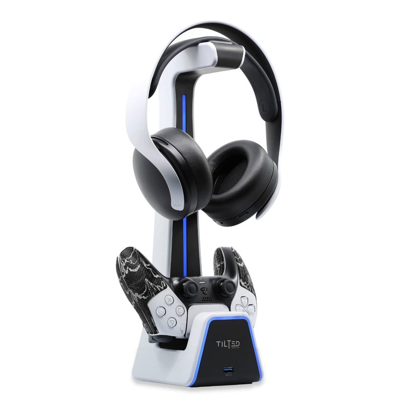 Tilted Nation RGB Headset and Controller Stand with Charging Station - for PlayStation or PC - PS4 / PS5 Controller Holder with Charger - Headphone and Game Controller Holder for Desk - White - Image 1